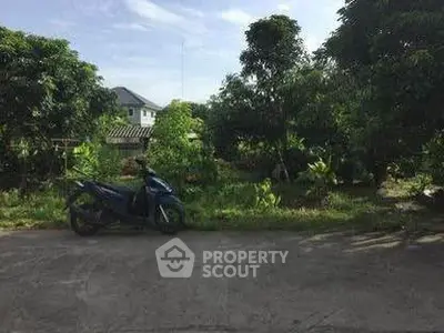 Spacious garden area with lush greenery and a parked scooter, ideal for landscaping.