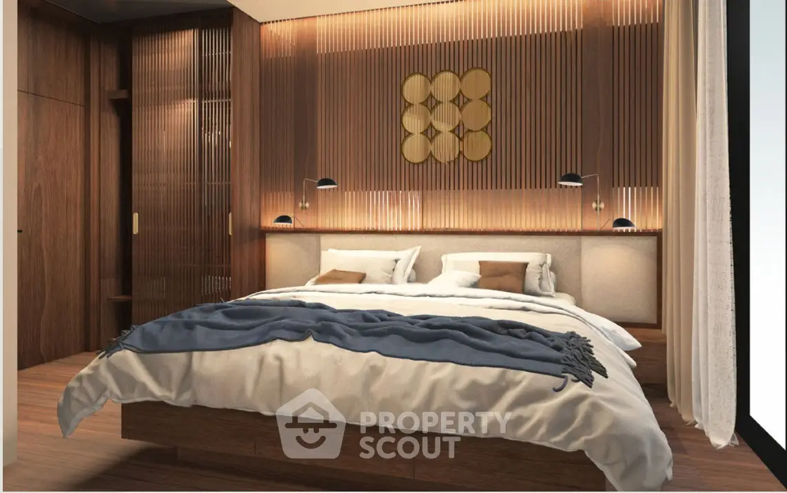 Luxurious modern bedroom with wooden accents and ambient lighting