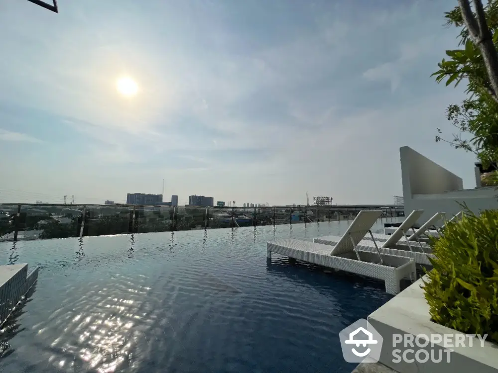 Stunning rooftop infinity pool with panoramic city views and modern lounge chairs.