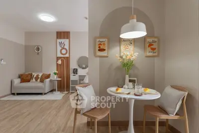 Charming living room with cozy dining area, stylish decor, and warm lighting, perfect for modern living.