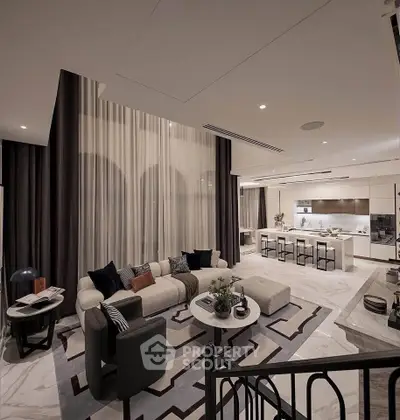 Luxurious open-plan living room with modern kitchen and elegant decor