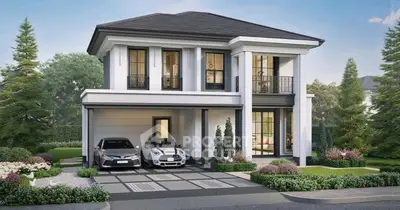 Elegant two-story house with modern design and landscaped garden, featuring a spacious driveway and two-car garage.