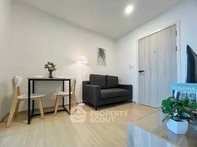 Modern living room with Scandinavian decor and cozy seating area