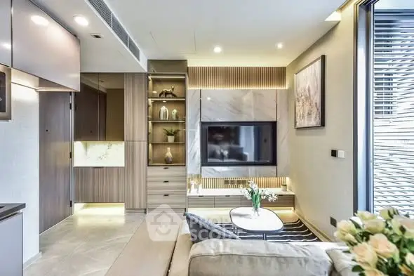 Modern living room with sleek design and built-in TV unit