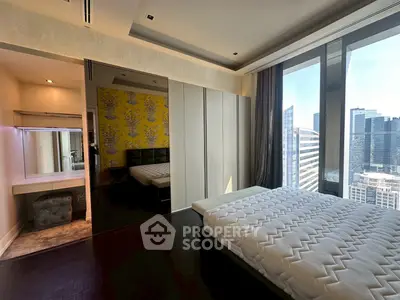 Luxurious bedroom with city view and modern decor in high-rise apartment