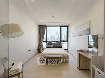 Modern bedroom with city view, featuring minimalist decor and large windows for natural light.