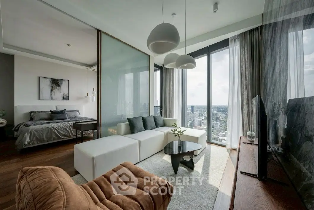 Luxurious modern living room with panoramic city view, elegant furnishings, and open layout design.