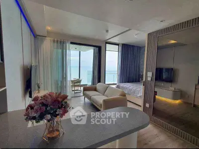 Luxurious modern living room with ocean view and elegant decor