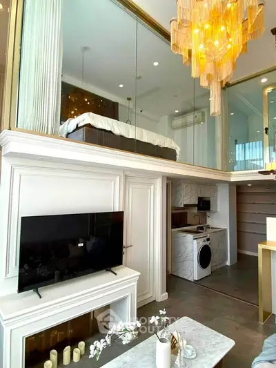 Luxurious loft apartment with modern interior, featuring a mezzanine bedroom and stylish living area.