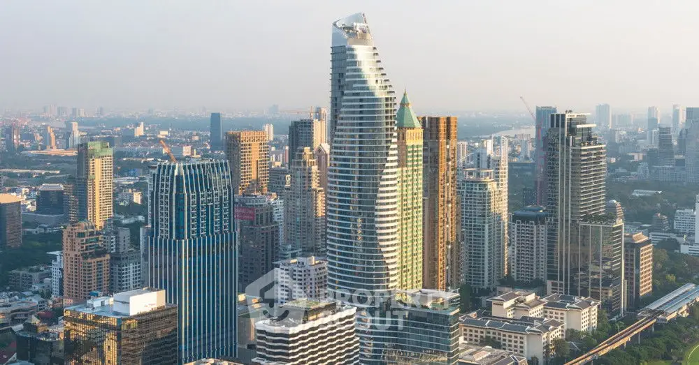 Futuristic cityscape with modern high-rise buildings and urban skyline.