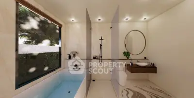 Luxurious bathroom with modern fixtures and large window view