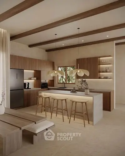 Modern kitchen with wooden cabinets, island, and stylish pendant lights