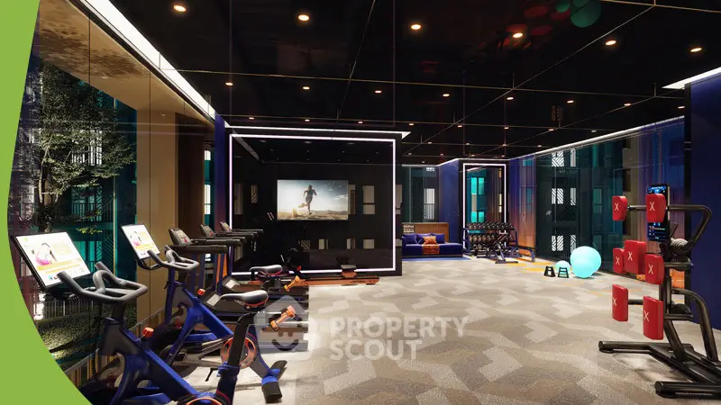 Luxurious modern gym with state-of-the-art equipment and ambient lighting in a high-end residential building.