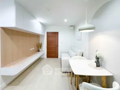 Modern minimalist living room with sleek furniture and wooden accents