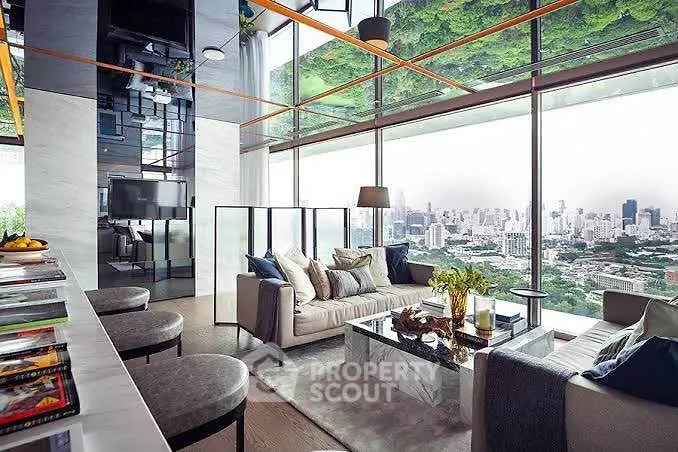 Luxurious modern living room with panoramic city view and stylish decor