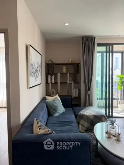 Stylish living room with modern decor and city view balcony