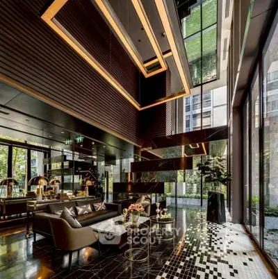 Luxurious modern living room with high ceilings and elegant decor