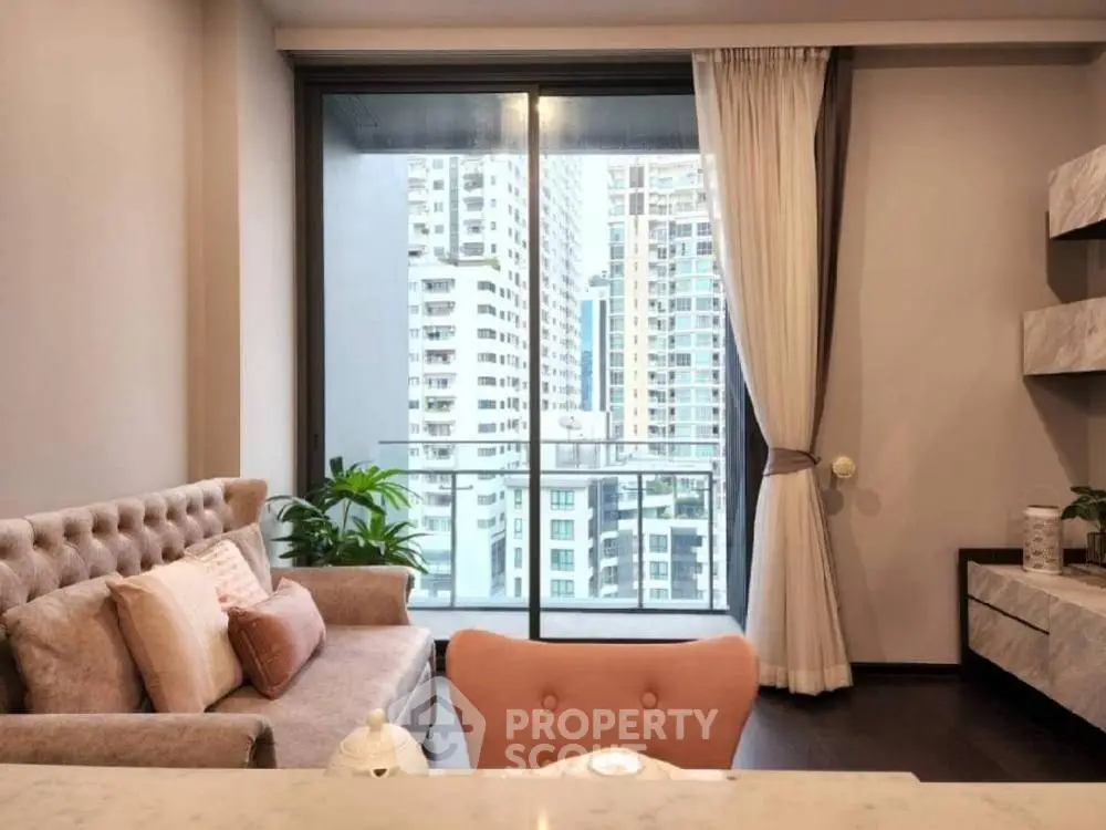 Elegant living room with plush seating and modern decor, floor-to-ceiling windows offering a cityscape view, creating a luxurious urban oasis.