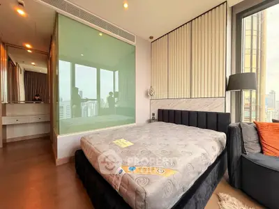 Luxurious bedroom with panoramic city view and modern decor