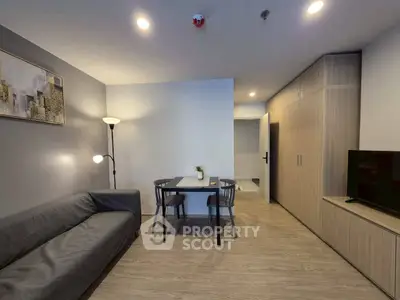 Modern living room with sleek furniture and ambient lighting