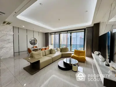 Luxurious modern living room with city view and elegant furnishings