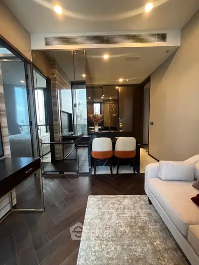 Luxurious modern living room with elegant decor and stylish furniture in a high-end apartment.