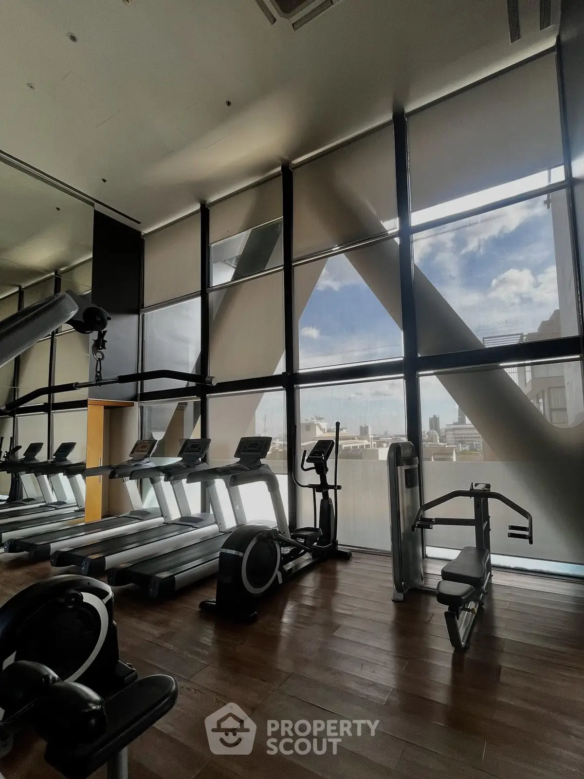 Modern gym with city view and state-of-the-art equipment