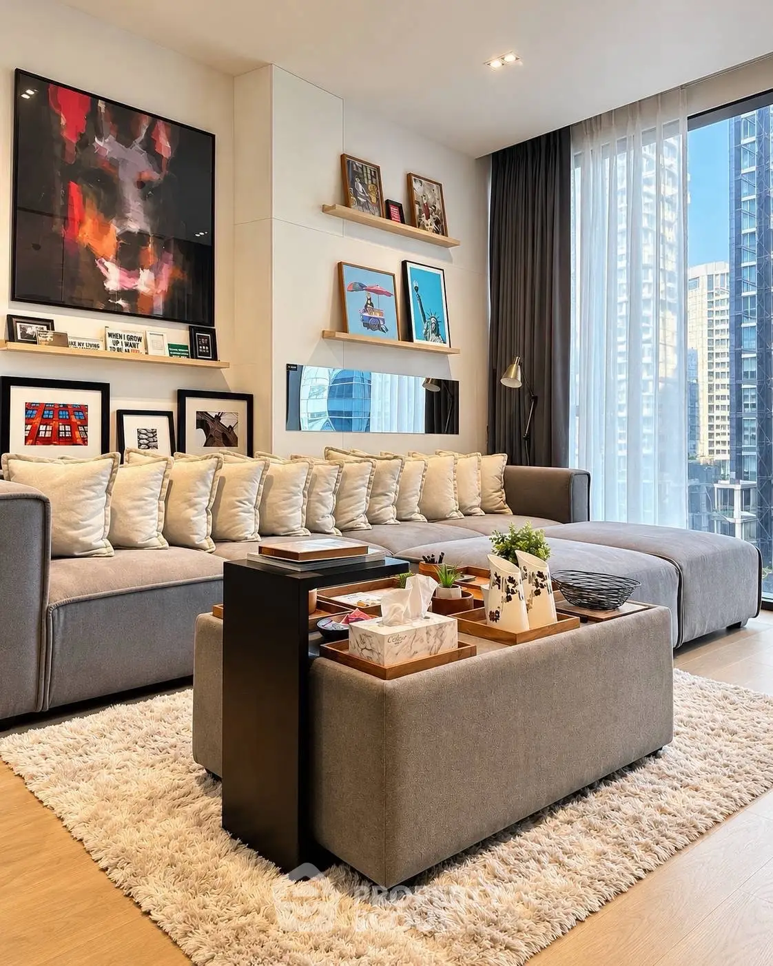 Modern living room with stylish decor and city view, featuring a cozy sofa and elegant artwork.