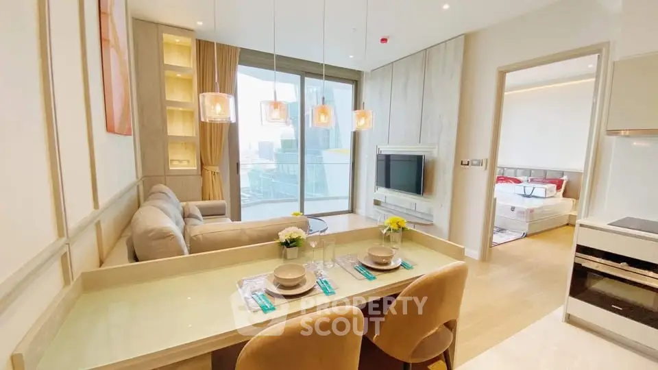 Modern open-plan living room with city view and stylish decor
