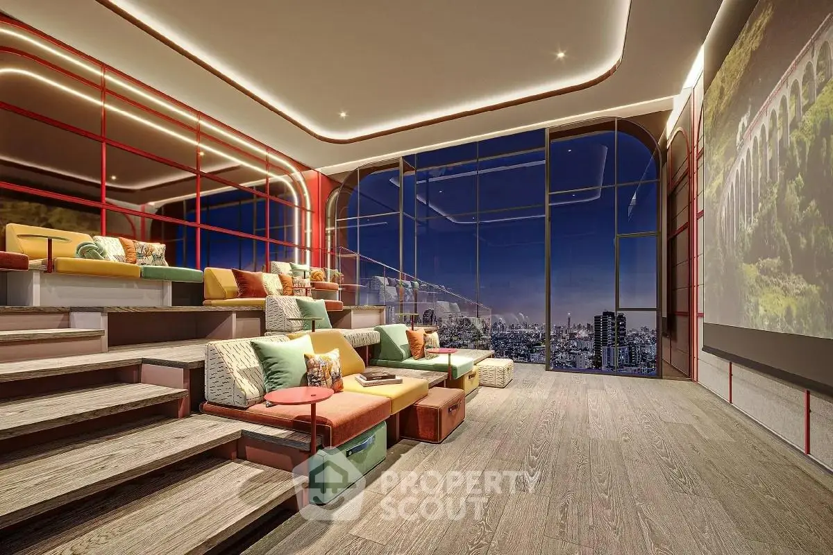 Luxurious modern living room with panoramic city view and stylish seating arrangement.