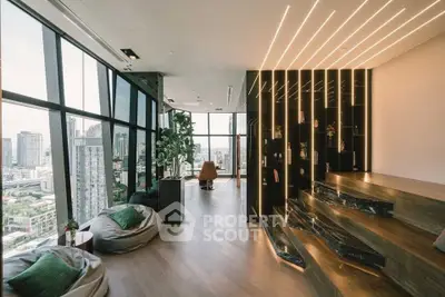 Luxurious modern living room with panoramic city views and stylish interior design