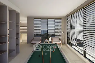 Luxurious living room with pool table and panoramic windows in modern apartment