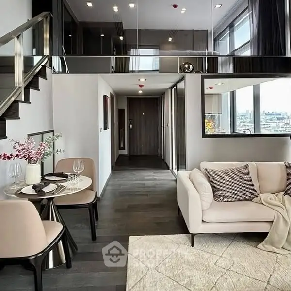 Modern living room with elegant decor and mezzanine level in luxury apartment