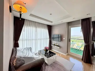 Modern living room with balcony view and stylish decor