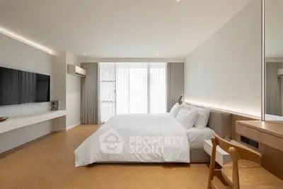 Spacious modern bedroom with large bed, sleek TV setup, and elegant wooden flooring.