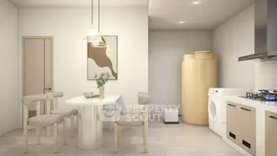 Modern kitchen with dining area, washing machine, and stylish decor