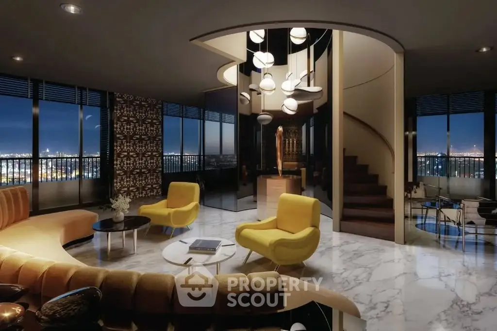 Luxurious modern living room with stunning city view and elegant spiral staircase