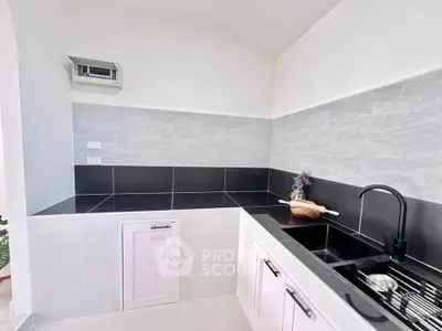 Modern kitchen with sleek black countertops and stylish fixtures