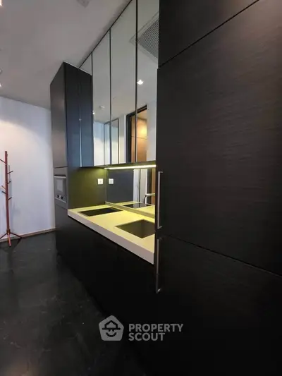 Sleek modern kitchen with dark cabinetry and mirrored backsplash in luxury apartment.