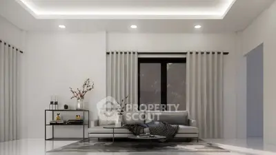 Modern living room with elegant decor and large window, featuring a cozy sofa and stylish lighting.