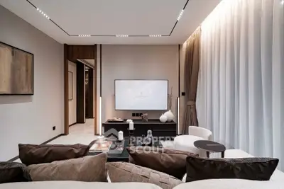 Luxurious modern living room with elegant decor and ambient lighting