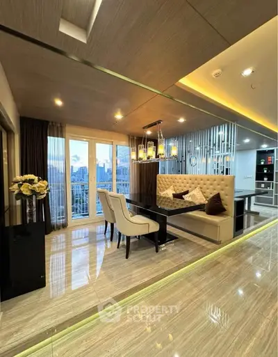 Luxurious modern living room with elegant dining area and city view