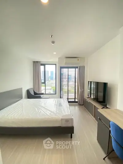 Modern bedroom with city view, featuring a sleek design and natural light, perfect for urban living.