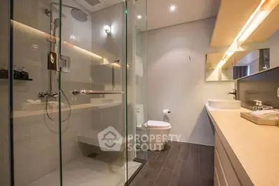 Modern bathroom with glass shower and sleek vanity