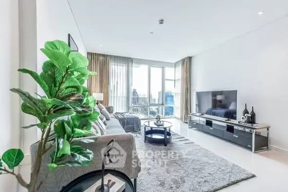Modern living room with large windows and city view, stylish decor and cozy atmosphere.
