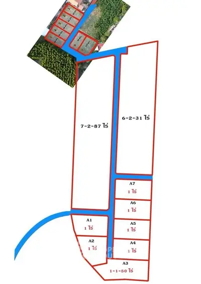 Land plot map with detailed parcel divisions and measurements for real estate development.