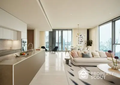 Luxurious open-plan living room with modern kitchen and stunning city view.