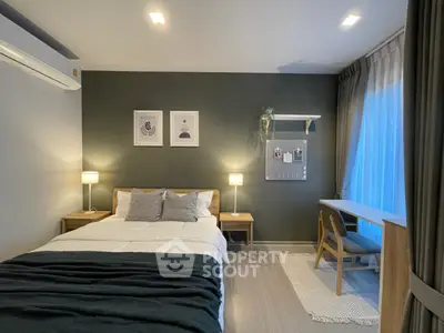 Modern bedroom with cozy decor and natural light, featuring a stylish desk and elegant bedding.
