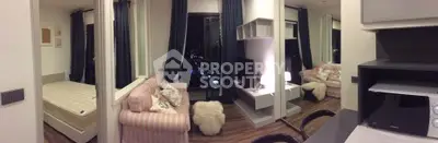 Modern apartment interior with cozy living room and bedroom, featuring stylish decor and city view.