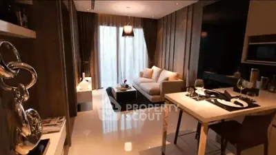 Modern living room with elegant decor and dining area, featuring cozy sofa and stylish lighting.